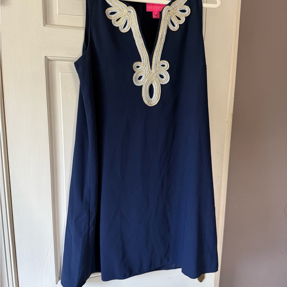 Lilly Pulitzer Navy Blue Mini Shift Cocktail Dress with Gold Embroidery